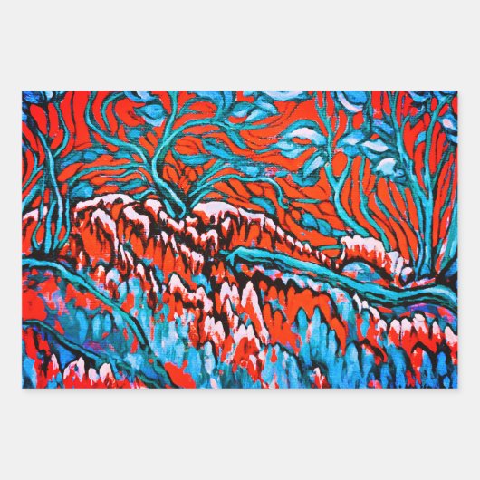 赤カラフルと青の魔法の森 ラッピングペーパーシート (正面)