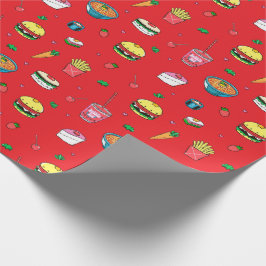 赤カラフルの可愛いフードパターン ラッピングペーパー