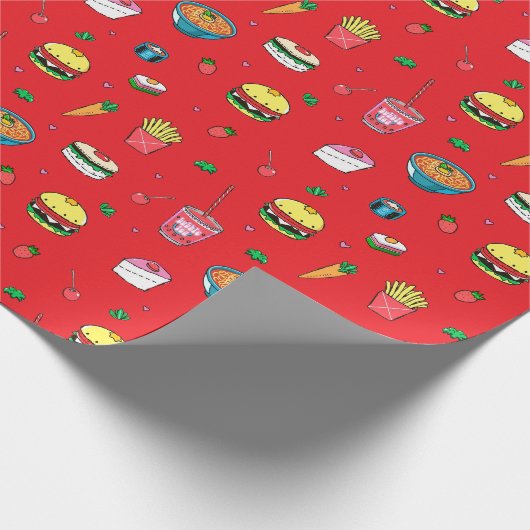 赤カラフルの可愛いフードパターン ラッピングペーパー (角)