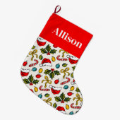 赤カラフルクリスマススケッチエレガントタイポグラフィ ラージクリスマスストッキング (正面 (吊り時))