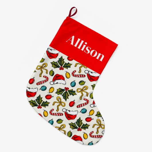 赤カラフルクリスマススケッチエレガントタイポグラフィ ラージクリスマスストッキング (正面 (吊り時))