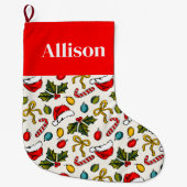 赤カラフルクリスマススケッチエレガントタイポグラフィ ラージクリスマスストッキング (正面)