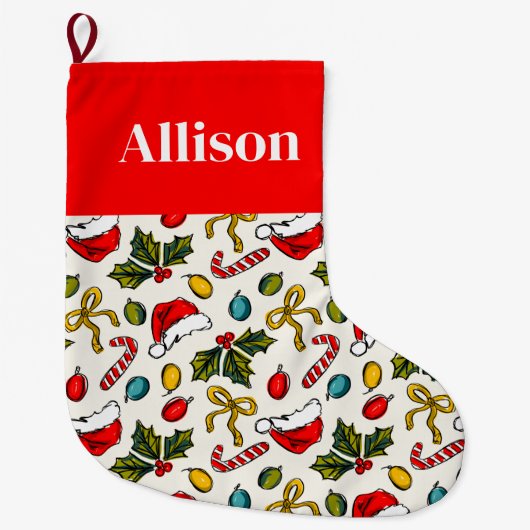 赤カラフルクリスマススケッチエレガントタイポグラフィ ラージクリスマスストッキング (正面)