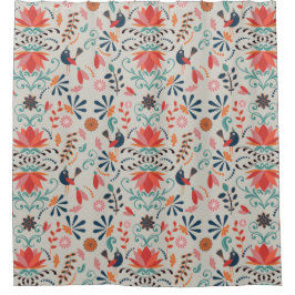 赤カラフルフローラ青鳥フォーク シャワーカーテン