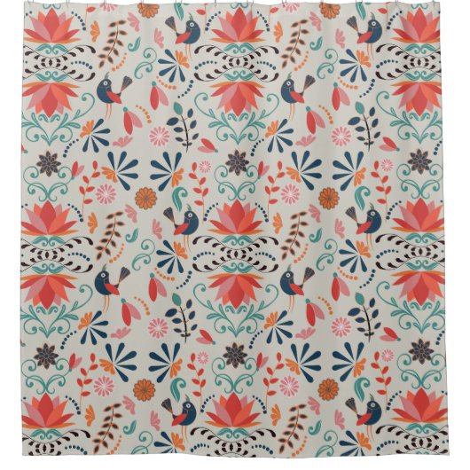 赤カラフルフローラ青鳥フォーク シャワーカーテン (正面)