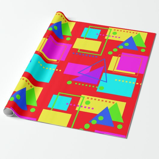 赤カラフルレトロ80Sネオンフルオロ形状プリント ラッピングペーパー (アンロールド)