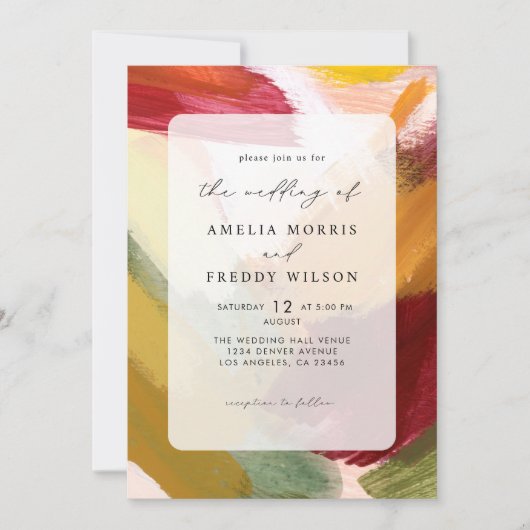 赤カラフル手鮮やか絵を描抽象芸術結婚 招待状 (正面)