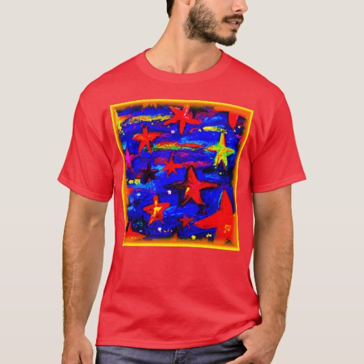 赤カラフル星。買今 Tシャツ (正面)