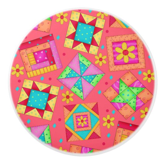 赤カラフル珊瑚礁パッチワークブロックアート セラミックノブ (正面)