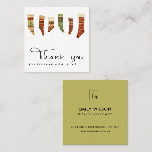 赤カラフル緑のクリスマスストッキングありがとう スクエア名刺 (正面/裏面)