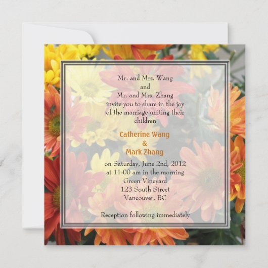 赤カラフル色、黄色、オレンジ色のデイジー結婚の花 招待状 (正面)