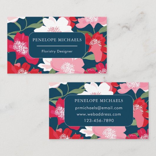 赤カラフル花柄ブルー 名刺 (正面/裏面)