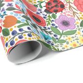 赤カラフル青の野生の花とラディバグ ラッピングペーパー (ロールコーナー)