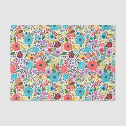 赤カラフル青の野生の花とラディバグ 薄葉紙 (正面)