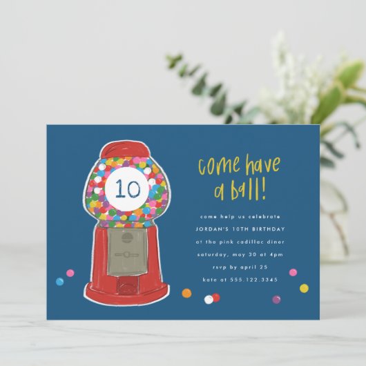 赤ガムボールマシンキャンディバブルガム誕生日 招待状 (スタンド正面)