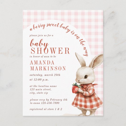 赤ガーデン市松模様にベリースイートバニー赤ちゃんシャワー ポストカード (正面)
