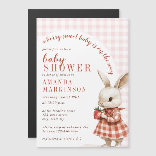 赤ガーデン市松模様にベリースイートバニー赤ちゃんシャワー マグネット招待状 (正面/裏面)