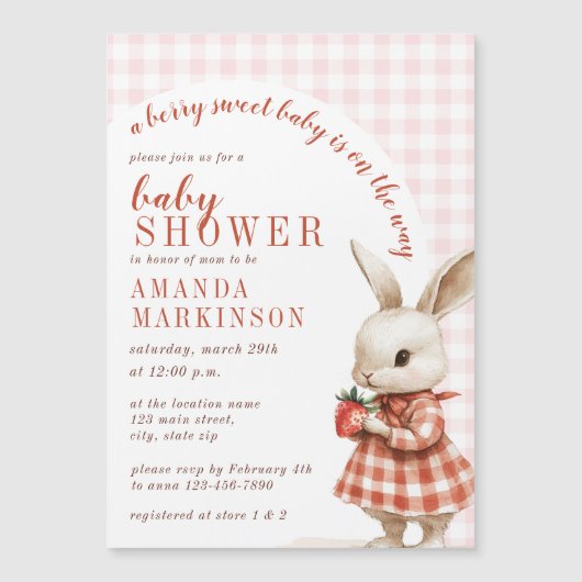 赤ガーデン市松模様にベリースイートバニー赤ちゃんシャワー マグネット招待状 (正面)