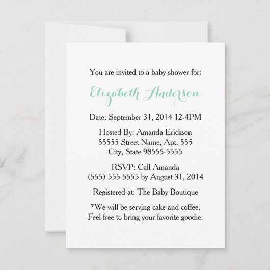 赤ガーリーちゃんシャワーかわいいミントグリーン傘と弓 招待状 (裏面)