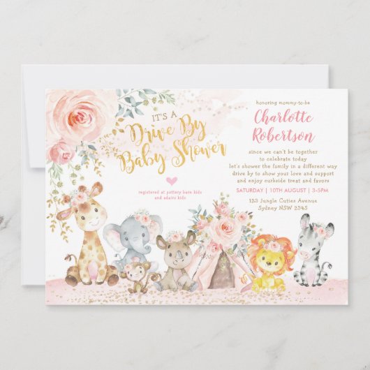 赤ガーリーちゃんシャワーでドライブするボホジャングル動物 招待状 (正面)