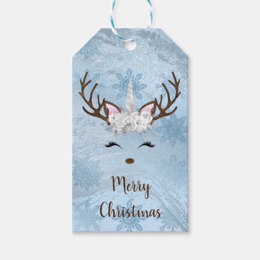 赤ガーリーちゃんブルー大理石ユニコーントナカイ雪 ギフトタグ (正面)