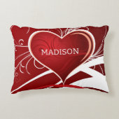 赤ガーリーと白の抽象芸術ハートとフローラ渦巻き アクセントクッション (正面)