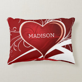 赤ガーリーと白の抽象芸術ハートとフローラ渦巻き アクセントクッション