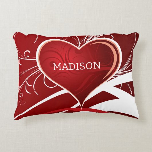 赤ガーリーと白の抽象芸術ハートとフローラ渦巻き アクセントクッション (正面)