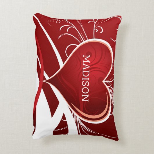 赤ガーリーと白の抽象芸術ハートとフローラ渦巻き アクセントクッション (裏面(縦))