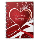 赤ガーリーと白の抽象芸術ハートとフローラ渦巻き ノートブック (正面)