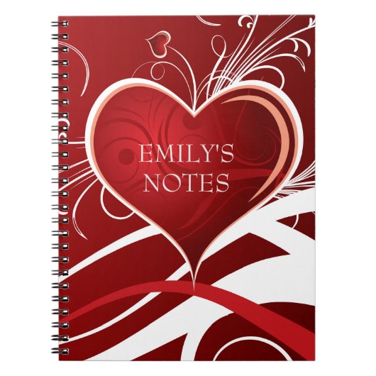 赤ガーリーと白の抽象芸術ハートとフローラ渦巻き ノートブック (正面)