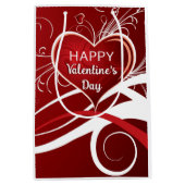 赤ガーリーと白の抽象芸術ハートとフローラ渦巻き ミディアムペーパーバッグ (正面)