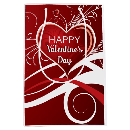 赤ガーリーと白の抽象芸術ハートとフローラ渦巻き ミディアムペーパーバッグ (正面)