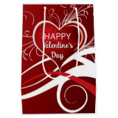 赤ガーリーと白の抽象芸術ハートとフローラ渦巻き ミディアムペーパーバッグ (裏面)