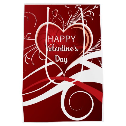 赤ガーリーと白の抽象芸術ハートとフローラ渦巻き ミディアムペーパーバッグ (裏面)