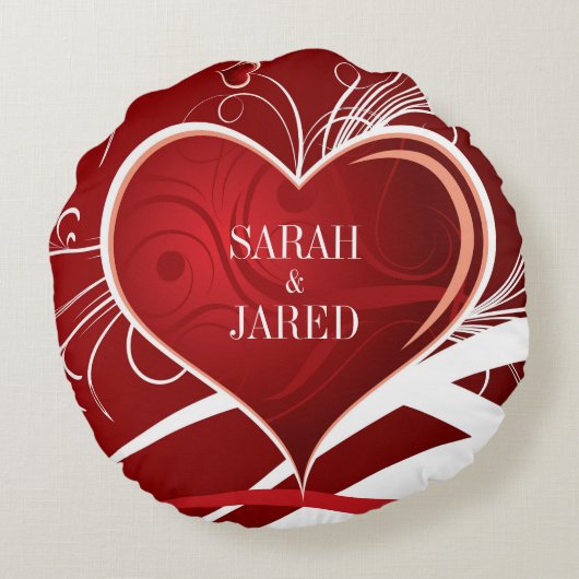赤ガーリーと白の抽象芸術ハートとフローラ渦巻き ラウンドクッション (裏面)