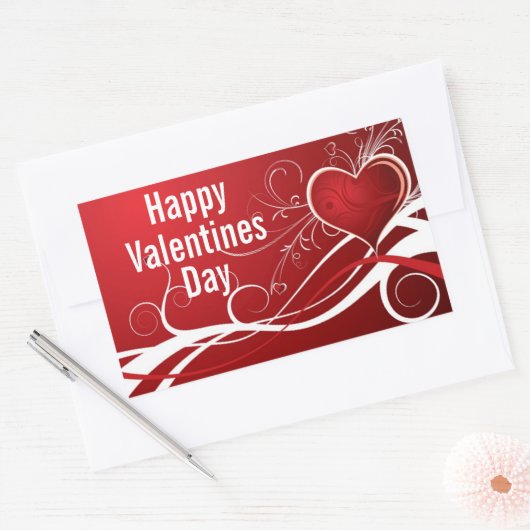 赤ガーリーと白の抽象芸術ハートとフローラ渦巻き 長方形シール (封筒)