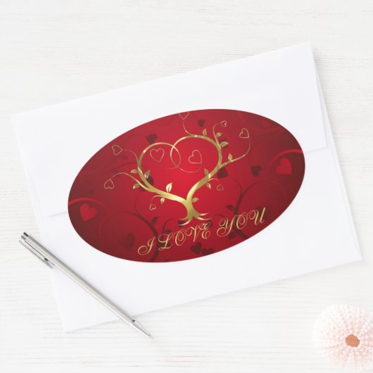 赤ガーリーと金ゴールドの抽象芸術ハートとフローラ渦巻き 楕円形シール (封筒)