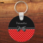 赤ガーリーと黒の水玉模様（弓と名前） キーホルダー (正面)