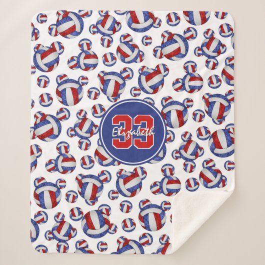 赤ガーリー白と青のバレーボール模様 シェルパブランケット (正面)