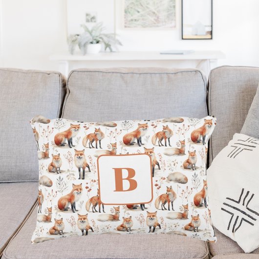 赤キツネかわいい動物子供部屋モノグラム アクセントクッション