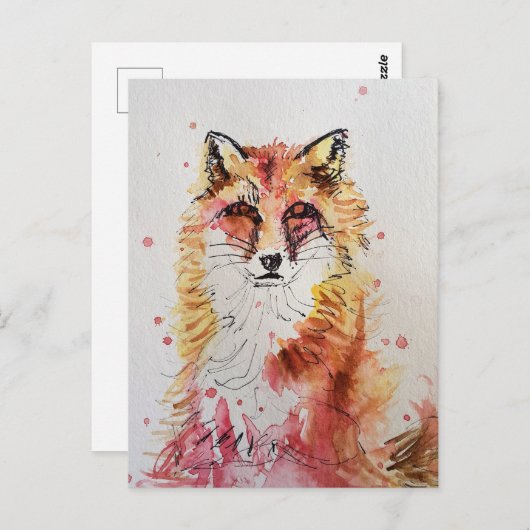 赤キツネは水色絵画の可愛さを放つ ポストカード (正面/裏面)