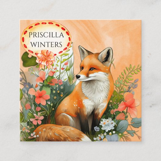 赤キツネウォーターカラーピーチフラワー スクエア名刺 (正面)