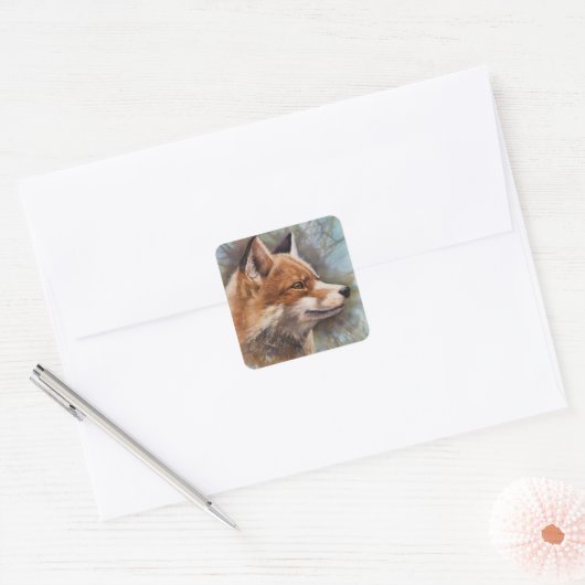 赤キツネプロファイルポートレート水彩背景画 スクエアシール (封筒)