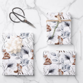 赤キツネ水彩林植物性クリスマス ラッピングペーパーシート