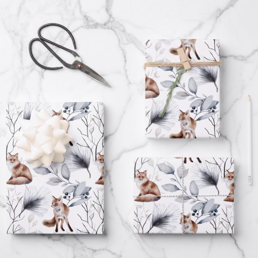 赤キツネ水彩林植物性クリスマス ラッピングペーパーシート (正面)