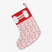 赤キャンディカネズパターン及び名称付き犬骨 スモールクリスマスストッキング (裏面 (吊り時))