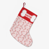 赤キャンディカネズパターン及び名称付き犬骨 スモールクリスマスストッキング (正面 (吊り時))