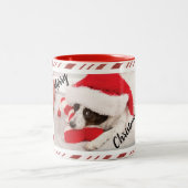 赤キャンディストライプーの子犬の写真 ツートーンマグカップ (中央)