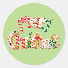 赤キャンディーケインギンガーブレッドクッキーメリークリスマス ラウンドシール